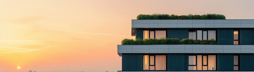 Fototapeta premium Modern apartment building with greenery, basking in the warm glow of a sunset, showcasing urban living and sustainability.