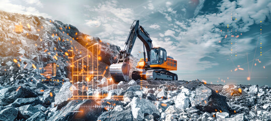 An excavator moves rocks with its powerful arm as orange data visualizations overlay, enhancing the futuristic scene