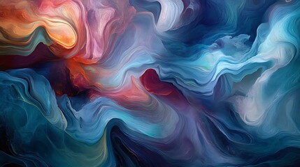 Abstract Painting with Wavy Lines and Swirls of Blue, Purple, and Orange