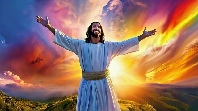 Jesus christ transfiguration in rays of holy light on top of the mountain art animation -- 4k stock video footage AI