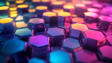 Obraz premium Colorful hexagon shapes form a net-like pattern with shiny light reflections.