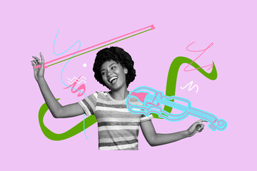 Creative picture collage young happy carefree girl play violin instrument talented musician performance concert drawing background © deagreez