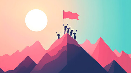 A group of people are standing on top of a mountain, holding a red flag