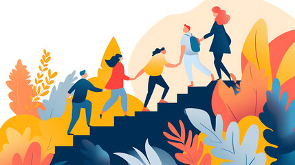 Abstract illustration of a diverse group of people helping each other climb stairs, symbolizing teamwork, collaboration, and support.