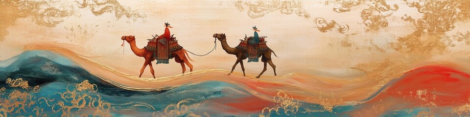 Naklejka premium Enchanting Dunhuang-Inspired Silk Road Journey: Camel Caravan Traversing Rippling Desert Landscape. Exquisite Brushwork Blends Chinese Red and Indigo Blue, Set Against Golden Auspicious Cloud Patterns