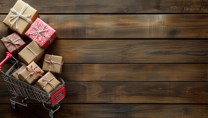 Fototapeta premium Box of christmas gift box, shopping cart with pine cones on brown wood table with copy space decorations and christmas tree on it.