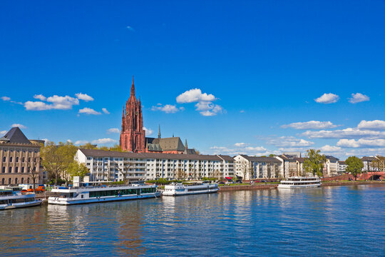 Frankfurt panoramic view across River Main bridge to skyscrapers Germany.