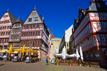 Frankfurt panoramic view across River Main bridge to skyscrapers Germany.