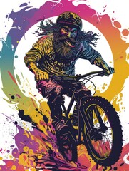 Mountain Biker Illustration with Bold Colors.