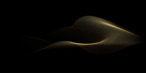 Flowing dots particles wave pattern 3D curve halftone gold gradient curve shape isolated on black background. Vector in concept of technology, science, music, modern.