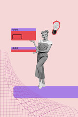 Vertical photo collage of happy businesswoman light bulb idea concept internet webpage vacancy...