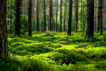 Fototapeta premium Forest Floor with Green Moss - Realistic Photo