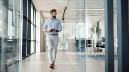 Fototapeta premium A portrait of a man in casual business attire stands inside an office.