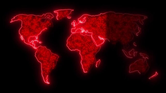 World map from glowing blinking particles. Digital planet Earth. World Map Borders Outline Loop Background.