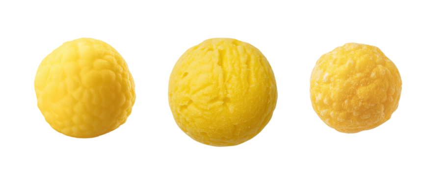 Three yellow spherical objects with textured surfaces, showcasing varying sizes and vibrant colors, ideal for food or design projects.