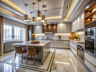 Fototapeta premium Elegant kitchen in Istanbul, Turkey, featuring ceramic flooring, sleek LED ceiling lights, and spot lamps, exuding modern sophistication and refined taste.