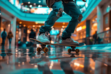 Teen riding skateboard in the mall. Generative AI