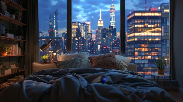 Cozy bed in dark room with new york skyline view, hyper realistic shot exuding homely vibes