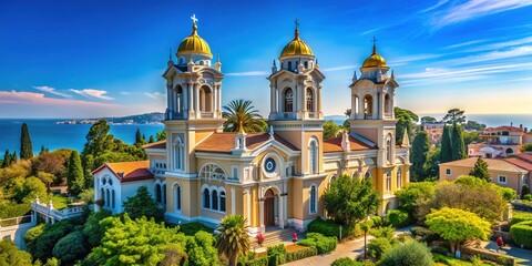 Majestic Greek Orthodox Church with twin clocks towers stands proudly against a brilliant blue sky on picturesque Heybeliada Island in Istanbul, Turkey's serene Princes' Islands.