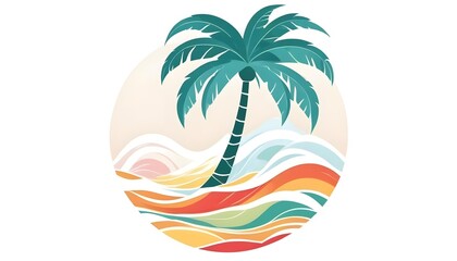 Fototapeta premium A tropical palm tree silhouette against a colorful sunset landscape with waves and abstract shapes