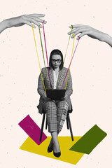 Collage picture sketch of young female office worker subordinating boss chief control arms strings