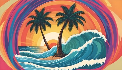 A tropical beach scene with two palm trees silhouetted against an orange sunset sky. In the foreground, a large crashing wave with white foamy crest