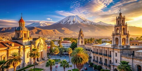 Obraz premium Vibrant cityscape of Arequipa, Peru's second-largest city, featuring stunning architecture crafted from white volcanic stone, set against a backdrop of majestic mountains.