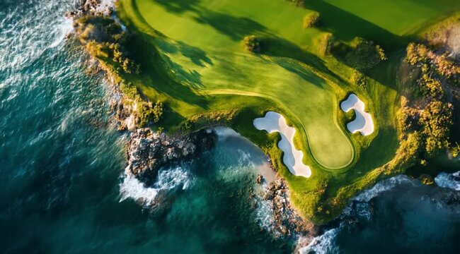Aerial view of golf area by the sea, Camera slow motion with different angles