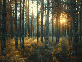 Obraz premium Golden Light Through Pine Forest - Photography