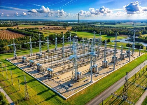 Aerial view of a modern electrical substation showcasing a complex network of high-voltage equipment, transformers, and power lines in a vast, open landscape.