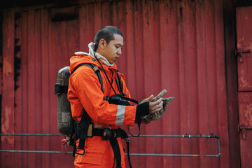 man in an orange jumpsuit is wearing gloves