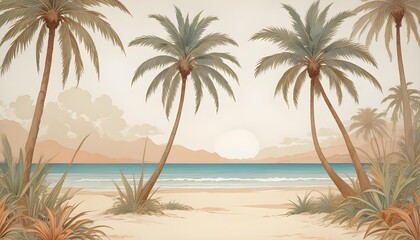 A tropical beach scene with palm trees silhouetted against a hazy sky, with a calm ocean in the background