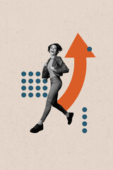 Vertical photo collage of excited business girl run career promotion arrow development progress...
