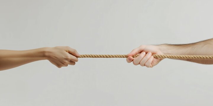 Hands pulling on a rope in opposite directions, parity concept, symbolizing competition, teamwork, struggle, or conflict, simple background, focus on hands and rope, horizontal tension, copy space

