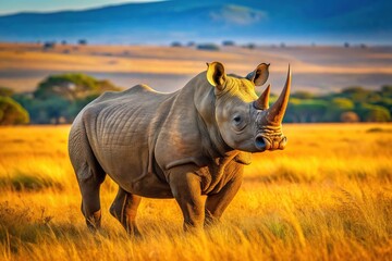 Fototapeta premium Magnificent endangered black rhino stands alone in a sun-drenched savannah landscape in Kenya, its wrinkled gray skin and horn a testament to its ancient heritage.