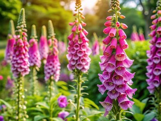 Fototapeta premium Vibrant pink flowering foxglove blooms with delicate, tubular bells and soft green leaves against a clean white background in a serene Dutch garden on a spring morning.