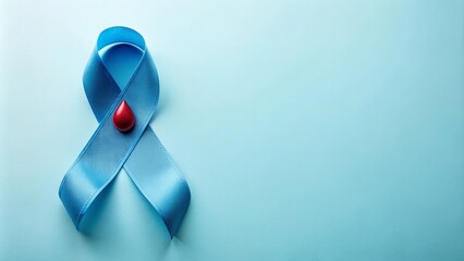 Blue Ribbon with Red Blood Drop on Light Blue Background. Concept of World Diabetes Day.
