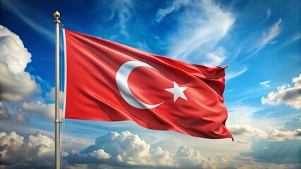Turkish Flag Waving in the Wind Against a Blue Sky with Clouds.