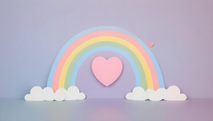 A colorful rainbow with a pink heart-shaped cloud in the center against a pastel blue background