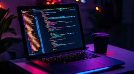 A programmer types code on a laptop with colorful syntax highlighting, surrounded by soft glowing lights while a coffee cup rests nearby