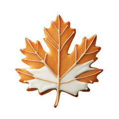 Obraz premium A beautifully decorated cookie shaped like a maple leaf, featuring vibrant autumn colors and elegant icing details.