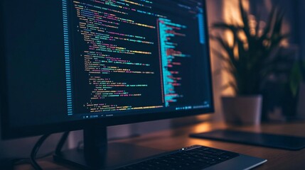 A programmer is focused on a coding project late at night, with colorful coding lines displayed on a computer screen and a plant in the background