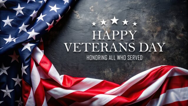Happy Veterans Day with American Flag on Dark Background.