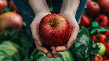 A Hand Holding a Red Apple Against a Background of Tomatoes and Greens