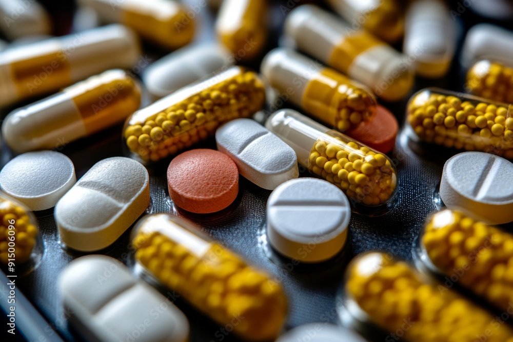 Aufkleber close up of various colorful pills on a reflective surface highlighting the diversity and complexity