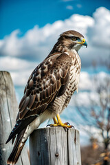 a hawk perched on a rustic fence