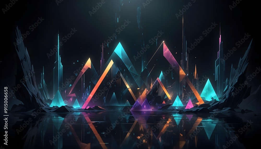 Wall mural colorful abstract triangular shapes with glowing neon lights, creating a futuristic and vibrant back