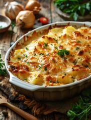 This easy and delicious casserole features oven-baked cheesy potatoes with creamy chicken closeup on a wooden table.