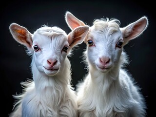 Obraz premium Adorable white baby goats with curious expressions and soft fur pose on a dark background, highlighting their fluffy features and endearing personalities.