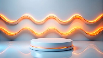 Floating White Podium with Orange Glow and Minimalist Blue Electric Waves Captivating Social Media Presentation